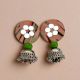Peach and Green Printed Round Earrings With Silver Jhumki